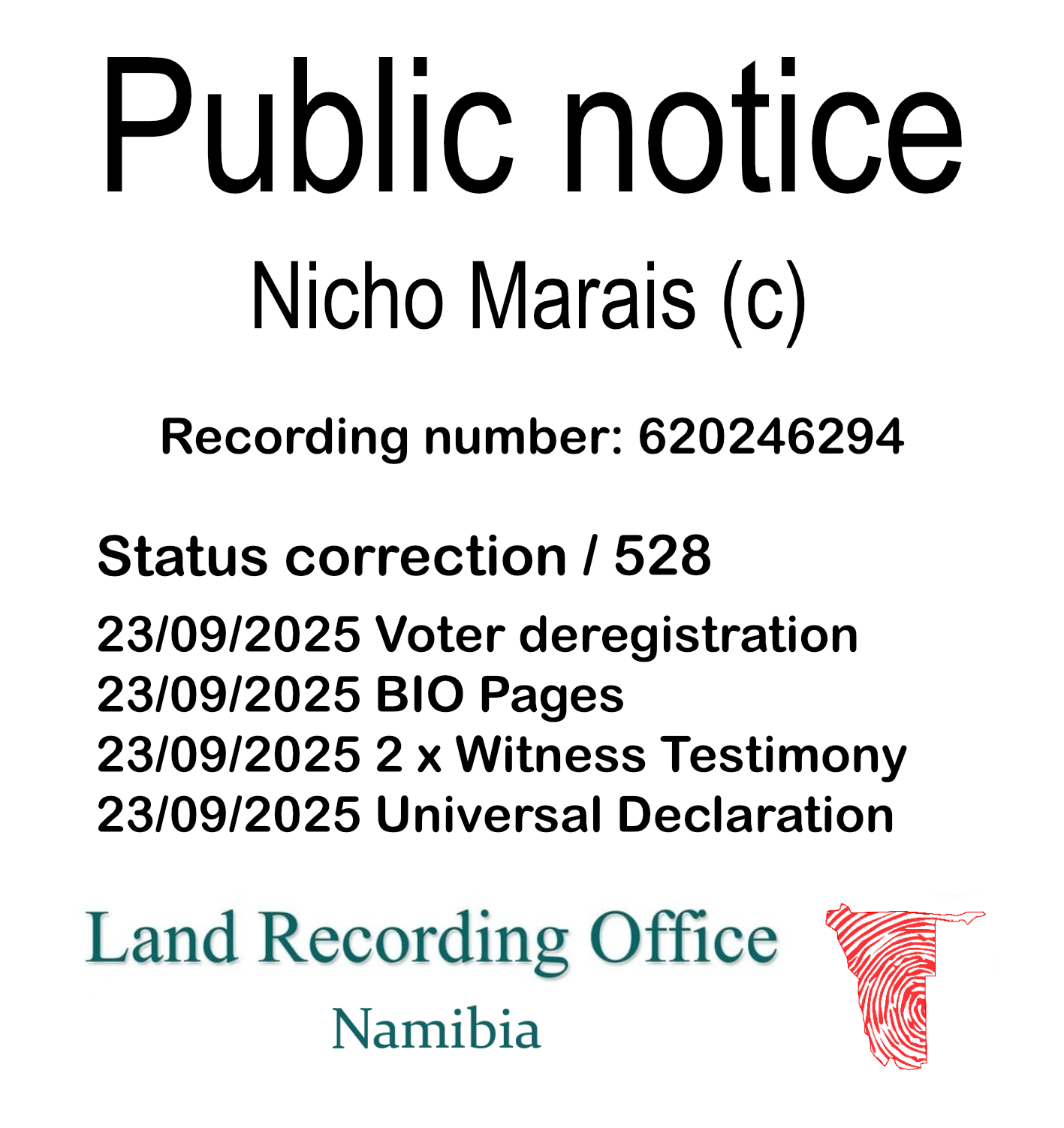 Public notice Nicho Marais Recording number 620246294